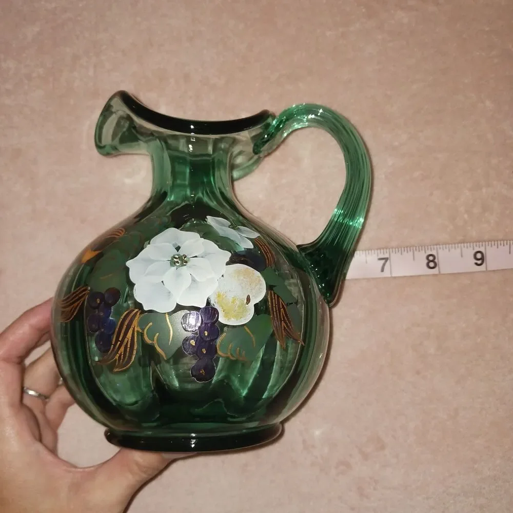 Fenton Seafoam Green Pitcher Floral Art Glass 7